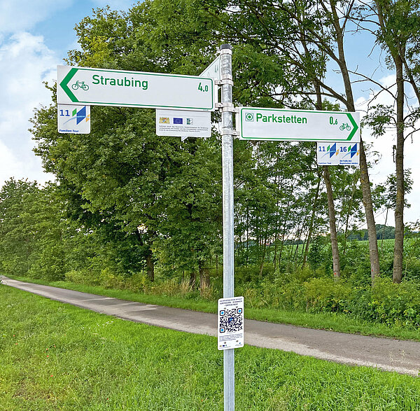 Ein Radweg wird begrenzt einerseits durch eine Wiese, auf der anderen Seite durch Bäume und Sträucher. Die Radwegschilder weisen gegenüberliegend die Richtungen nach Straubing und Parkstetten.