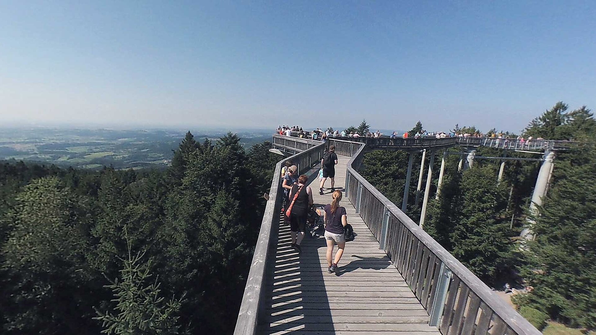 Beim Waldwipfelweg in Maibrunn genießen viele Menschen auf Baumkronenhöhe, auf dem 370 m langen Steg,  eine fantastische Aussicht in die sommerliche Landschaft.